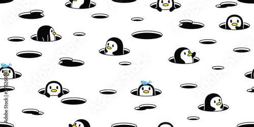 penguin seamless pattern bird vector duck hiding hole cartoon repeat wallpaper tile background gift wrapping paper illustration design scarf isolated photo