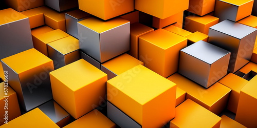 Modern Tech Background with Precisely Aligned Multisized Cubes. Orange and Yellow, 3D Render