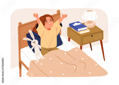 Happy kid waking up. Cute girl stretching on bed in morning. Smiling little child awaking in good mood after healthy sleep at home bedroom. Flat vector illustration isolated on white background