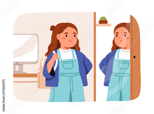 School kid prepared to school. Cute girl with bag, ready to go. Happy child looking at mirror reflection, smiling, standing at home with backpack. Elementary schoolkid. Flat vector illustration