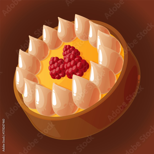 French tart. Open shortbread pie with raspberries and cream decoration. European traditional sweets. Bright vector illustration with food for the menu of restaurants, cafes, bakeries.