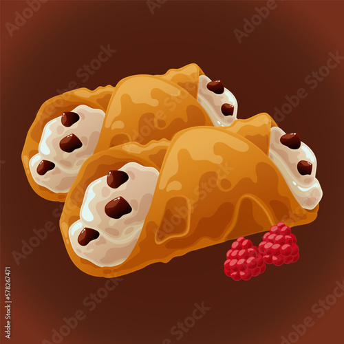 Sicilian cannolo. Tubes with a delicate creamy filling. Italian traditional sweets. Bright vector illustration with food for the menu of restaurants, cafes, bakeries.