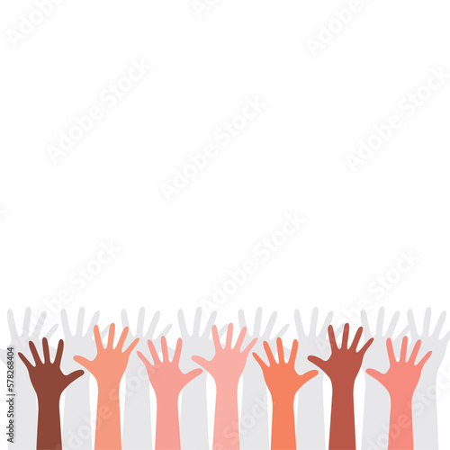 Colorful hand icons as petals of flower: happy community concept. This vector graphic illustration represents people team standing united, community unity, people helping, universal brotherhood. photo