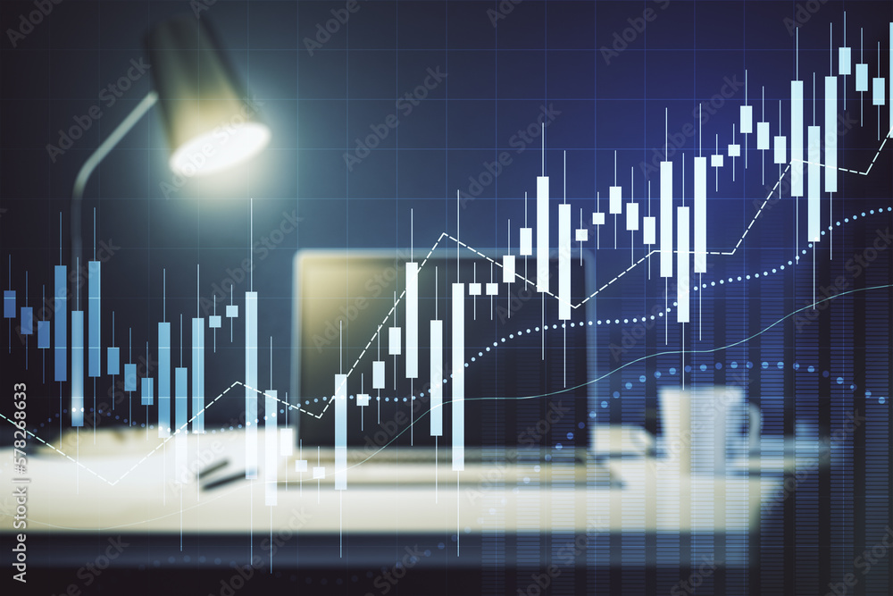 Double exposure of abstract creative financial diagram on modern laptop background, banking and accounting concept Double exposure of abstract creative financial diagram on modern laptop background, banking and accounting concept