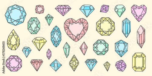 Gems doodles set. Diamond, brilliant, ruby, emerald, amethyst and crystals. Diamond cut shapes. Gems, crystal, quartz, jewelry precious stones. Rhinestones doodles.