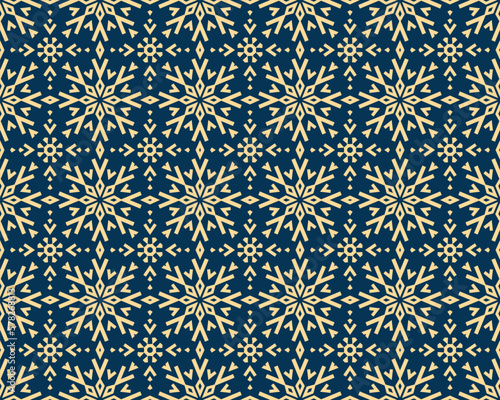 Abstract geometric pattern with lines, snowflakes. A seamless vector background. Gold and dark blue texture. Graphic modern pattern
