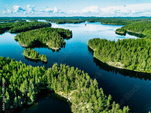 Aerial Finland landscape. Aerial view of blue lakes with rock islands and green woods