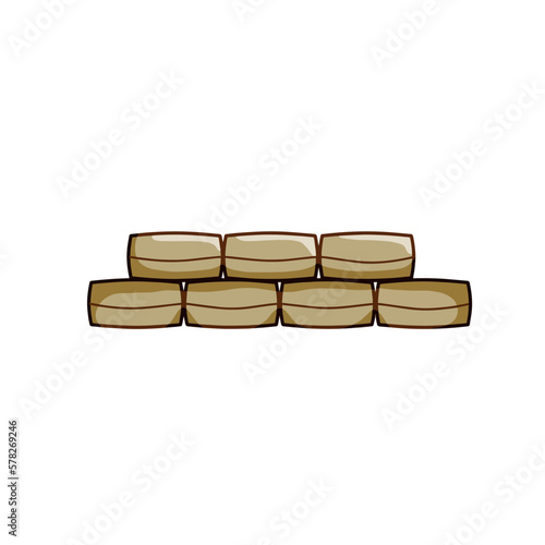 Barricade of sandbags. Fortified point. Defense construction. Wall of bag. Outpost and barrier. Flat cartoon. Modern warfare