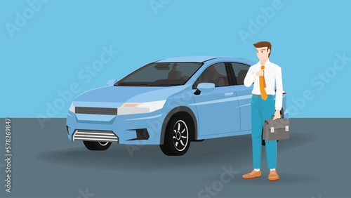 Businessman with casual suit standing and holding a net tie and bag in the other hand. Perspectives side view of luxury electric cars ready to see the interior of the cabin clearly. On gray floor.