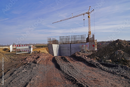 Bridge construction site for the construction of a bridge for the flyover over the A143 motorway