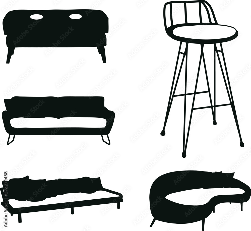 A collection of different types of furniture including a bar stool, a