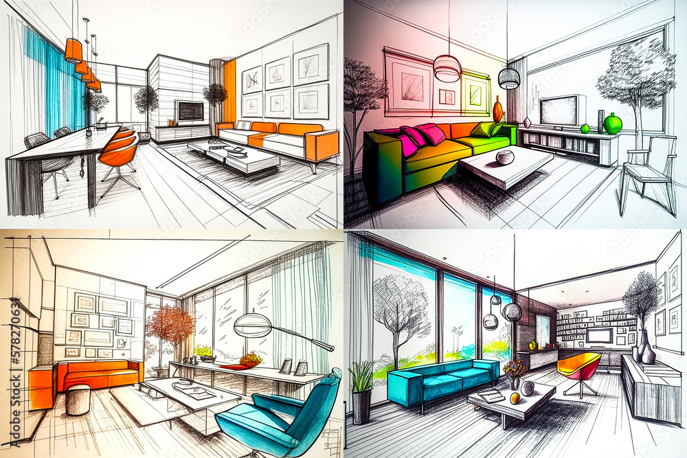 Dessin d'une pièce de vie décorée et meublée - Projet d'architecte d ...