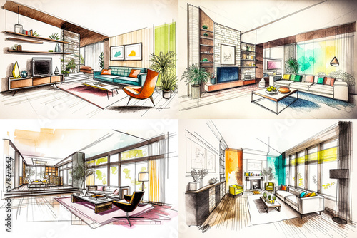 Dessin d'une pièce de vie décorée et meublée - Projet d'architecte d'intérieur - Générative IA