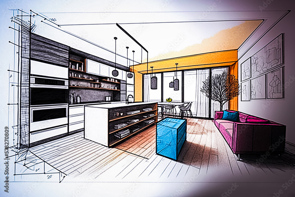 Dessin d'une pièce de vie décorée et meublée - Projet d'architecte d ...