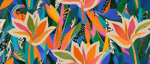 Tableau sur toile Modern colorful tropical floral pattern