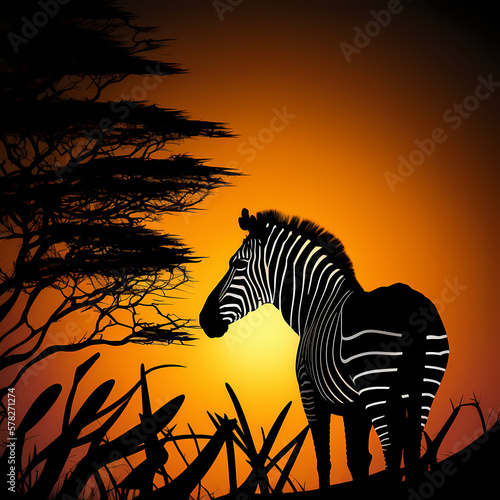 zebra sunset silhouette wild animal safari. Generative AI