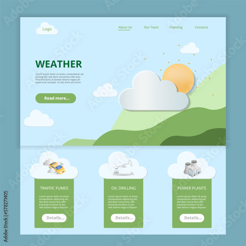 Weather flat landing page website template. Traffic fumes, oil drilling, power plants. Web banner with header, content and footer. Vector illustration.