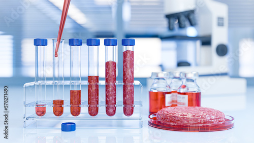 Obraz na plátně Cultured Meat in Test Tubes – In-Vitro Beef Production Concept, Biotech Lab Setu