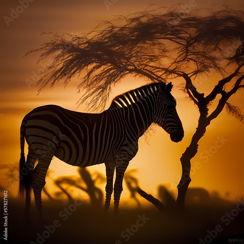 zebra sunset silhouette wild animal safari. Generative AI