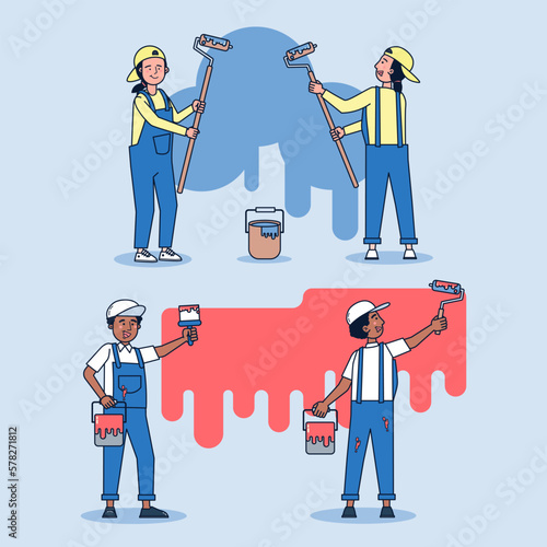 A contractor to paint the building, he and his team of painters use a roller brush to paint