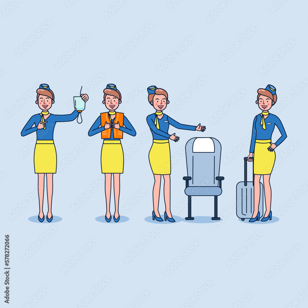 Air hostess demonstrate the use of emergency equipment on board to passengers.