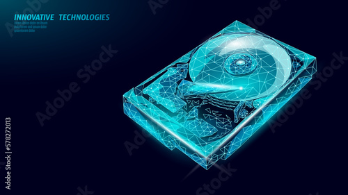 HDD hard disk drive file hardware. 3D low poly information storage record system IT technology computer vector illustration