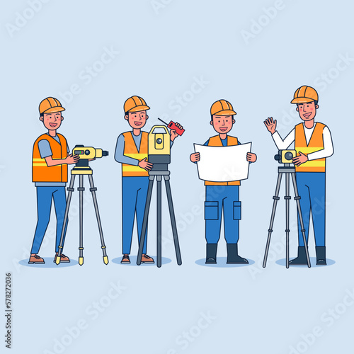 Foreman plans construction work with a team of surveyors with multiple theodolites.
