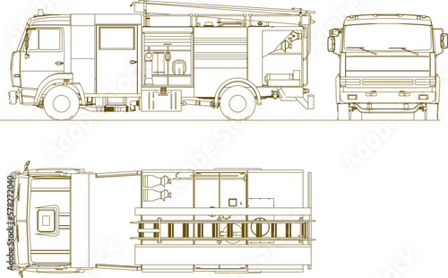 Valokuva Gold Fire engine detailed sketch vector illustration set