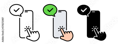 Hand holding mobile phone with checkmark speech bubble yes illustration