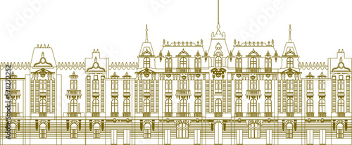 Gold Vector sketch of classic skyscraper multi-storey building background illustration in big city