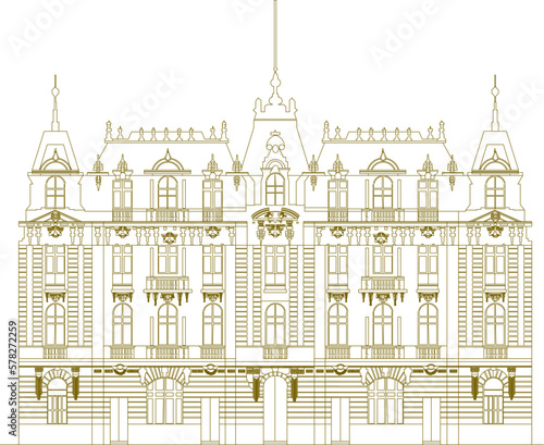 Gold Vector sketch of classic skyscraper multi-storey building background illustration in big city