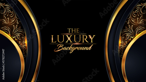 Black and Gold Award Background. Modern Luxury Graphic. Abstract Royal Template Design. Side Curve Dynamic Shape Design Style. Wedding Backdrop Background.