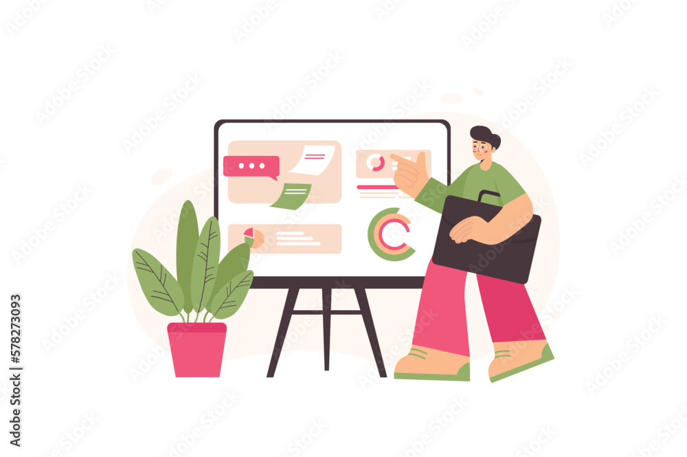 Business process concept with people scene in the flat cartoon design. Business man presents the achievements and further plans of his company. Vector illustration. Business process concept with people scene in the flat cartoon design. Business man presents the achievements and further plans of his company. Vector illustration.