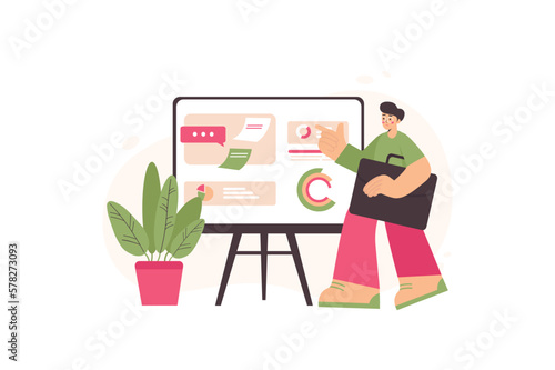 Business process concept with people scene in the flat cartoon design. Business man presents the achievements and further plans of his company. Vector illustration.