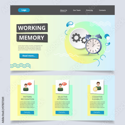Working memory flat landing page website template. Pattern recognition, selective attention, cognitive flexibility. Web banner with header, content and footer. Vector illustration.