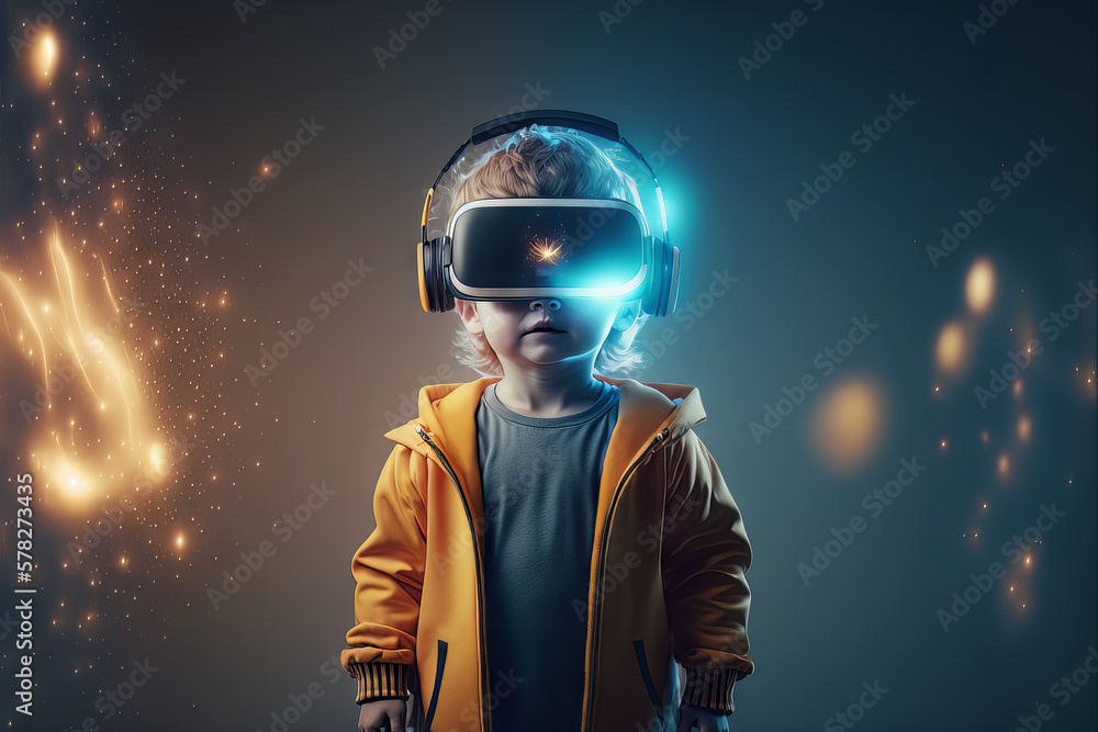 Kid using virtual reality glasses to play video games in the Metaverse. Child with VR device and digital elements around his head. Generative ai Kid using virtual reality glasses to play video games in the Metaverse. Child with VR device and digital elements around his head. Generative ai