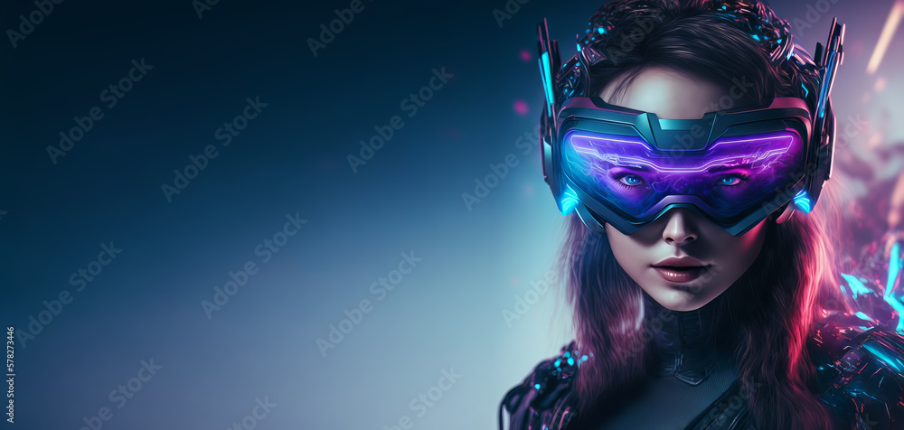 Beautiful futuristic woman using virtual reality glasses in the Metaverse. Girl with VR device and digital elements around her head. Generative ai Beautiful futuristic woman using virtual reality glasses in the Metaverse. Girl with VR device and digital elements around her head. Generative ai
