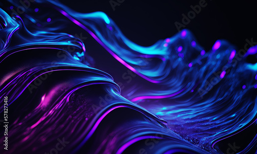 Fototapeta Naklejka Na Ścianę i Meble -  Dark purple and blue glossy wallpaper with abstract shapes. Glowing wavy texture. Background with curvy organics shapes. Generative ai