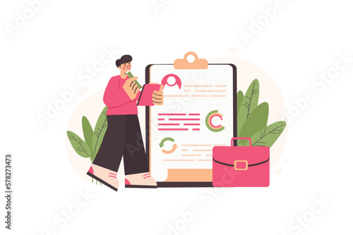 Business process concept with people scene in the flat cartoon design. Business man analyzes data and thinks about further work of his company. Vector illustration.