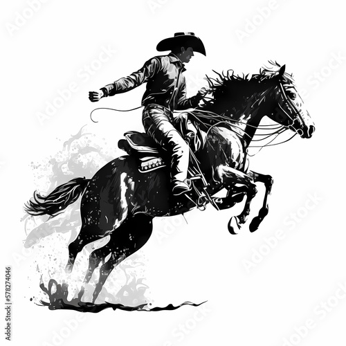 Cowboy rides a bucking bronco in a rodeo performance silhouette. Generative AI photo