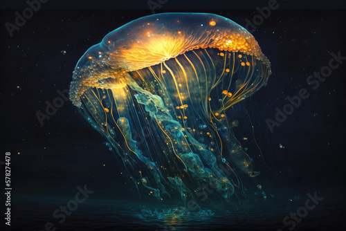 Glowing jellyfish at night, generative ai