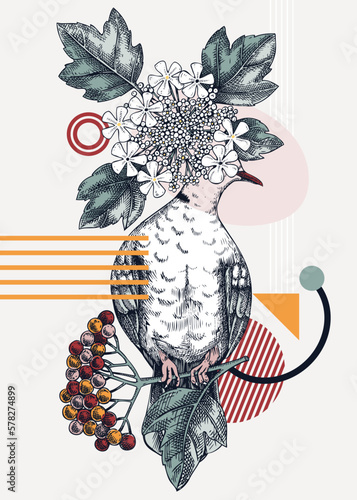 Collage-style bird card. Sketched dove trendy poster. Creative designs with bird sketch, botanical illustrations, geometric shapes, and abstract elements for nature print, wall art, packaging.