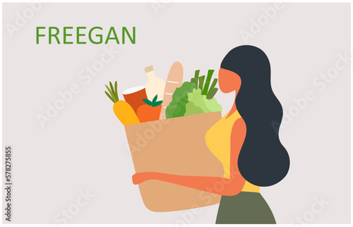 Freegan food concept, woman carrying leftover food,  fruits, vegetables and other products. Young couple Vector illustration.