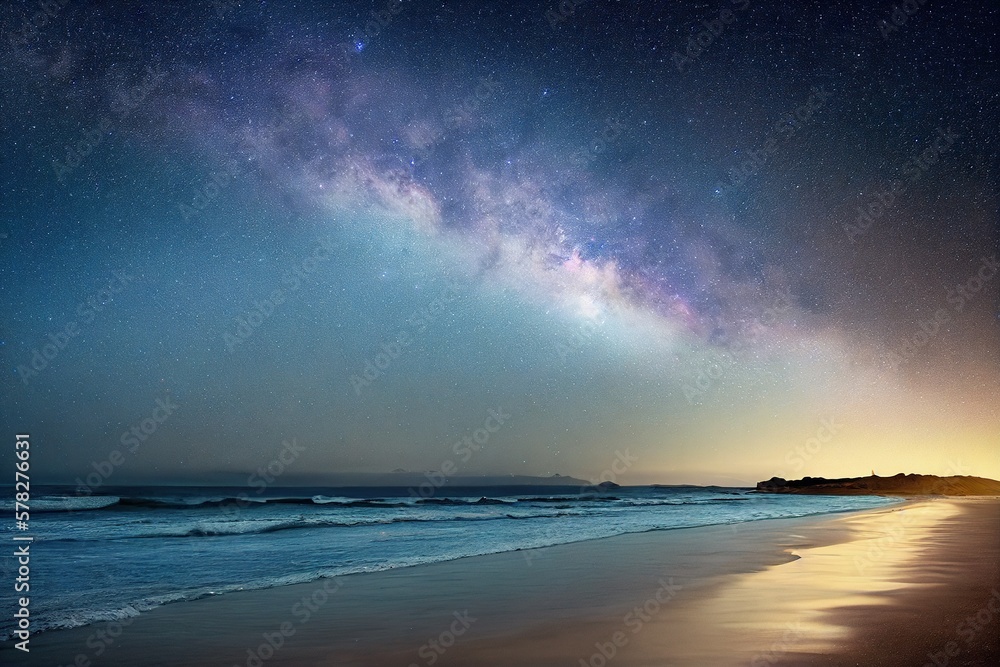 A nebula in the night sky above a beach landscape