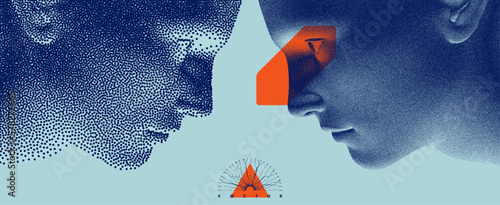 Two opponents facing each other. People talk face to face. Illustration of the communication between two humans. Mind reading concept. Battle with yourself. Vector in сoarse and fine style.