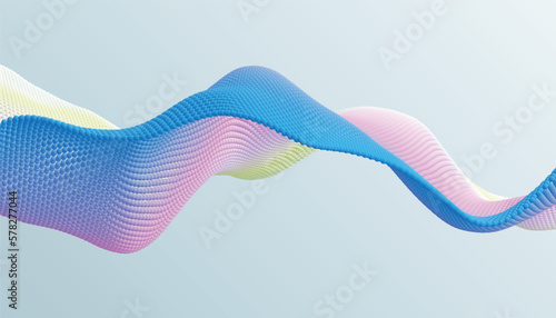 3D wavy background. Array with dynamic emitted particles. A wave formed from many spheres. Abstract vector illustration. Design template. Modern pattern.