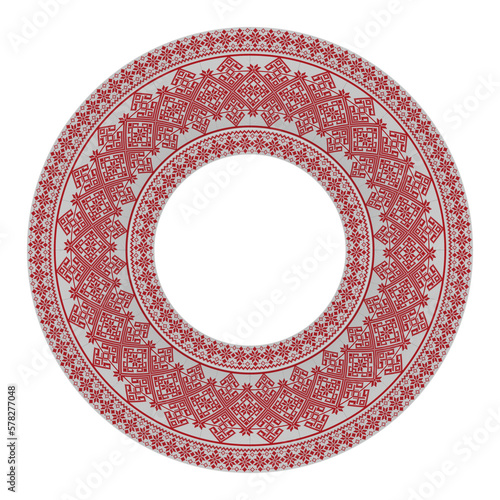 Round frame with ethnic pixel pattern in red on a white background