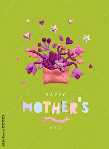 Plasticine flowers in an envelope. Promotion and shopping template or background for mother's day concept. 3D illustration, cute dough shape.