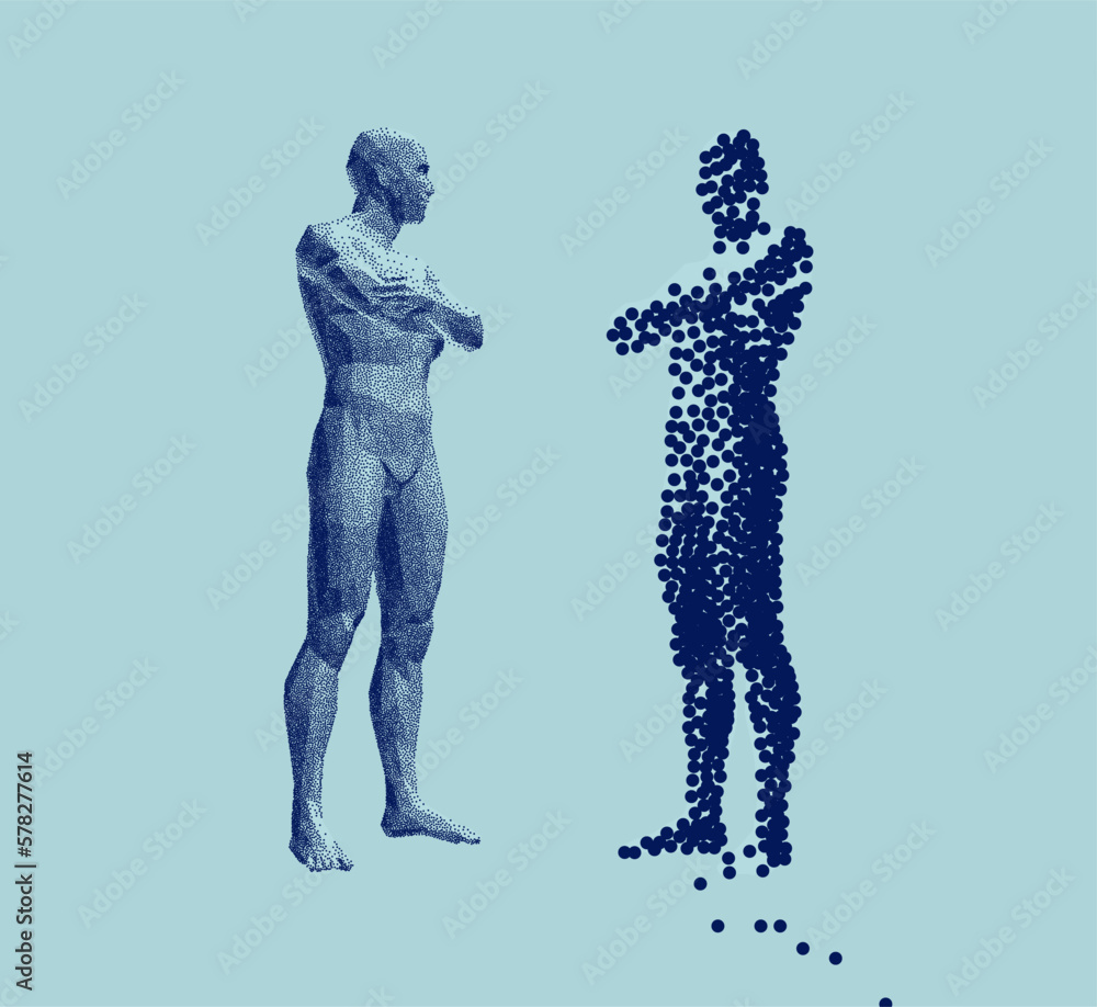 Standing men in fractured and undamaged entire versions. Man dispersing and disintegrating into particles. Concept of mental disorders. Psychology. Mental health problems. 3D human body model. - obrazy, fototapety, plakaty 