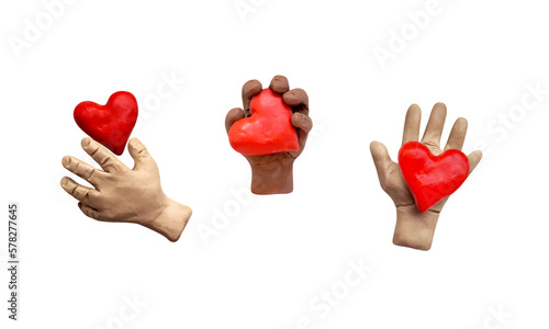 Realistic 3D objects - different hands, white and dark skinned hands holding hearts. Made from plasticine. Nice looking test.